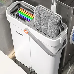 Mop and Bucket with Wringer Set, Flat Squeeze Mop Flat Head, Dust Mops for Wall Cleaner with Long Handle, Hands-Free Microfiber cloth Mops for Floor Cleaning removal