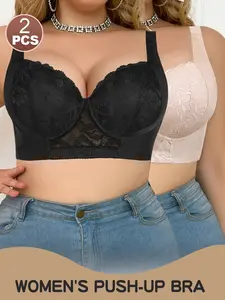 Plus Size Women's Push-Up Sexy Slimming Lace Supportive Bra Breathable Comfortable Underwire Bra Comfortable Year-Round Wear Push Up Padded Two-Piece Set