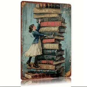 Charming Vintage Metal Sheet Wall Art Featuring Librarian Organizing Books Ideal for Entryway Decor No Electricity Needed
