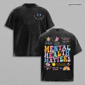 A Retro-Style T-Shirt Made of Pure Featuring a "Mental Health Is Important" Design. It Has a Double-Sided Washed Round Neck And Colorful Prints, Making It Ideal for Summer. Weighing 250G, It'S Suitable for Occa