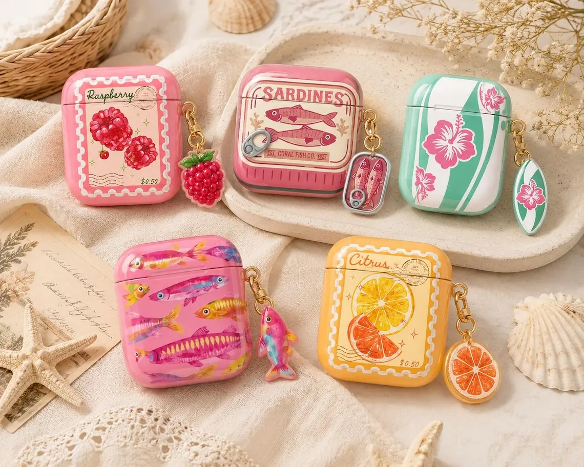 NO KEYCHAIN INCLUDED Coastal Summer Case, Pink Sardine Tin AirPods Gen 1 2 3 4 Pro Cover, Citrus Fruit Tropical Hibiscus Case, Beach Vacation Gift