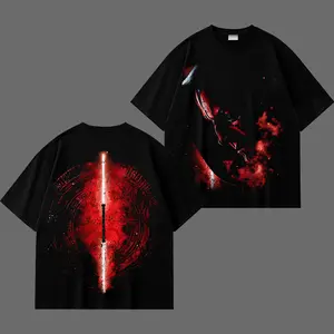 Sith Warrior Vintage Graphic T-Shirt, Double-Blade Dark Side Tee, Galactic Villain Inspired Shirt, Red Face Warrior Print Tee, Retro Sci-Fi Style T-Shirt, Oversized Cotton Streetwear, Space Saga Fan Gift, Villain Graphic Tee for Fans