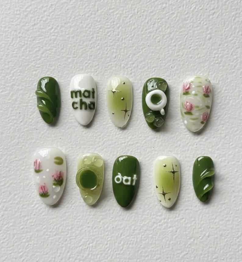Matcha Press On Nails 3D Kawaii Green Tea Nail Art Jelly Nails Set