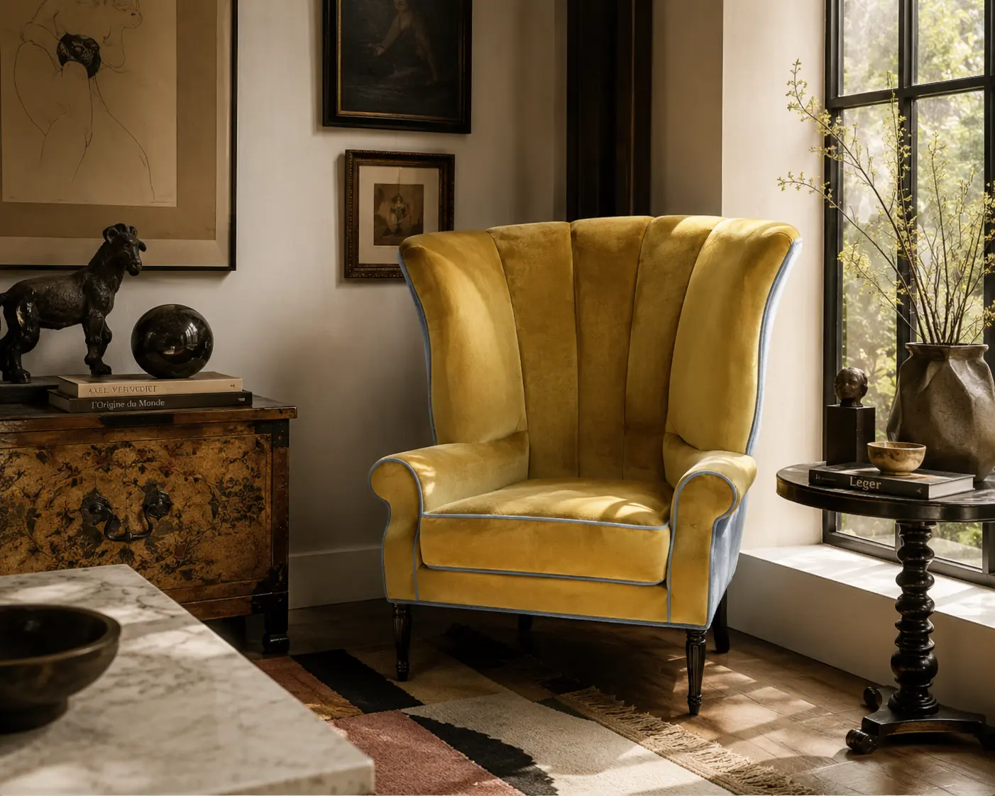 Antique Italian Wingback Lounge Chair Newly Reupholstered
