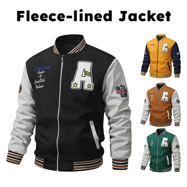 Men’s varsity baseball jacket with emblem embroidery, zip-up casual outerwear for autumn/winter warmth