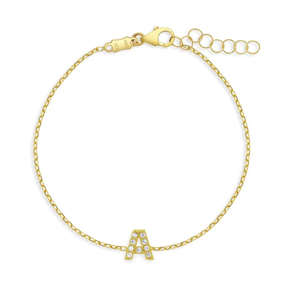 14k Gold 5.5"- 6.5" Clear CZ Initial Letter Baby / Toddler / Kids Bracelet