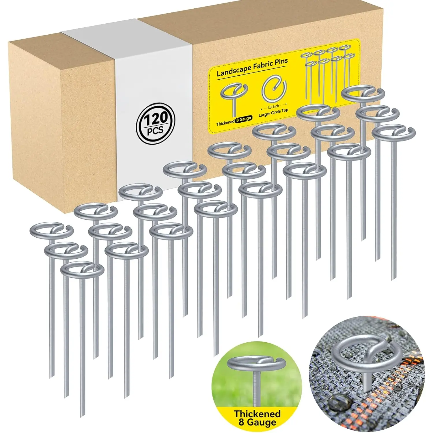 Landscape Fabric Pins, Thickened 8 Gauge Circle Top Landscape Pins-120 Pcs, Not Easy to Bend 6 inch Galvanized Landscape Fabric Stakes, More Holding Power Than U-Shape Garden Staples(120)