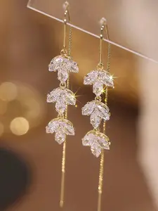 Cubic Zirconia Maple Leaf Decor Threader Earrings