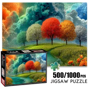 1pc 1000 piece adult puzzle 70x50cm Colorful Trees beside River with Cloudy Sky and Birds 500 pieces of paper jigsaw puzzle, suitable for adults and families, large-scale DIY puzzle interactive toy