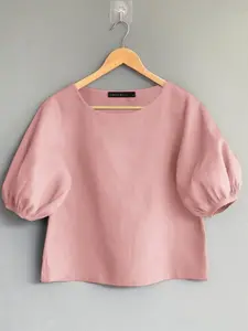 ZANZEA Women's Lady Summer Crew Neck Lantern Short Sleeve Blouse, Round Neck Solid Color Loose-Fitting Basic Casual Shirt, Daily Wear Everyday Fashion Top Womenswear
