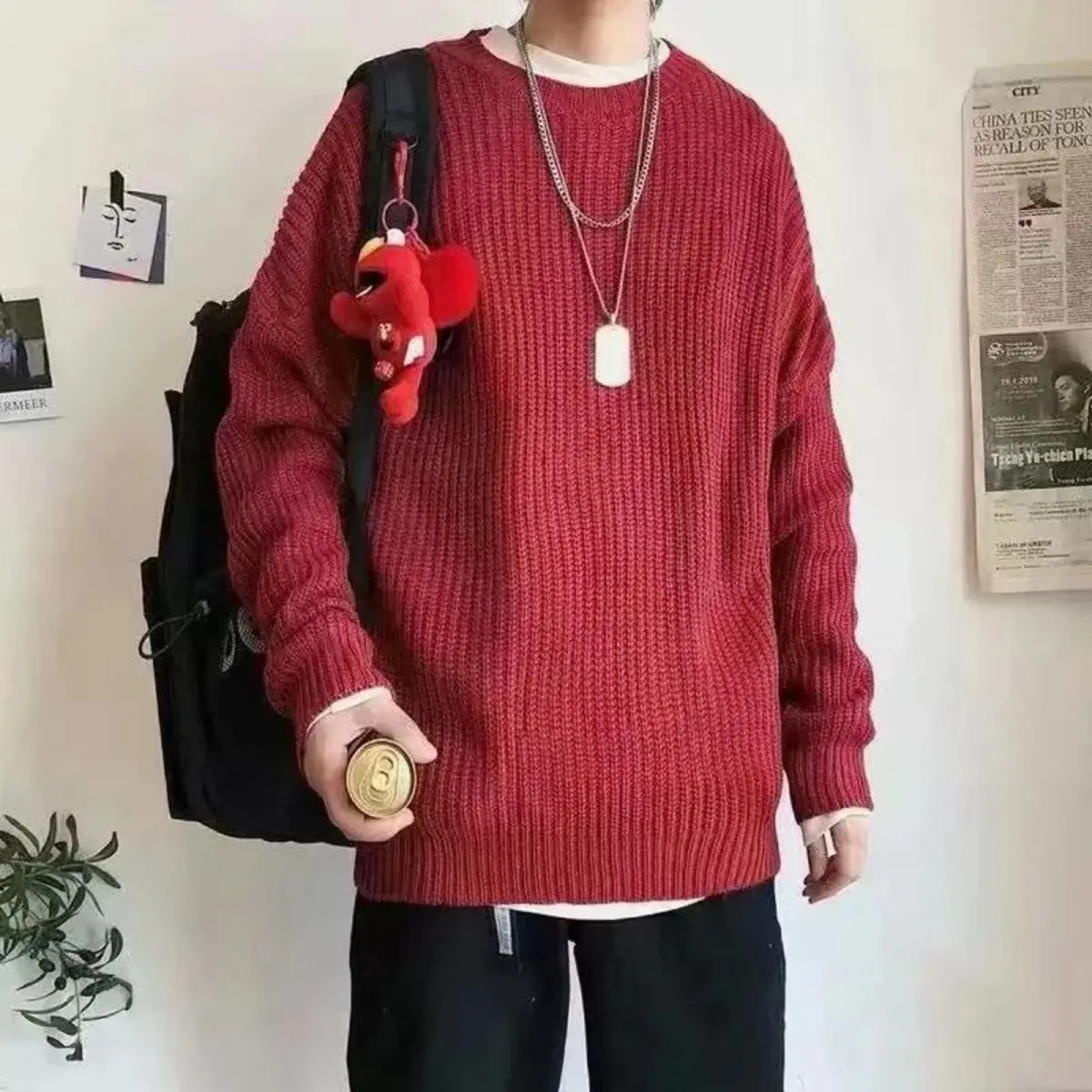 Korean Fashion Sweater Men's Autumn Olive Green Chunky Knit Oversized Crew Neck Pullover Soft Knitwear Casual Fabric sweater cardigan sweater