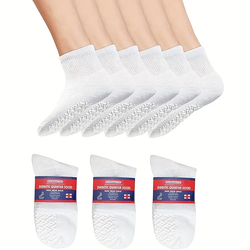 3-Pair Unisex Diabetic Sock Set, Cushioned Pure Cotton Quarter Socks with a Non-Restrictive Fit and Anti-Slip Soles, Sock Sets