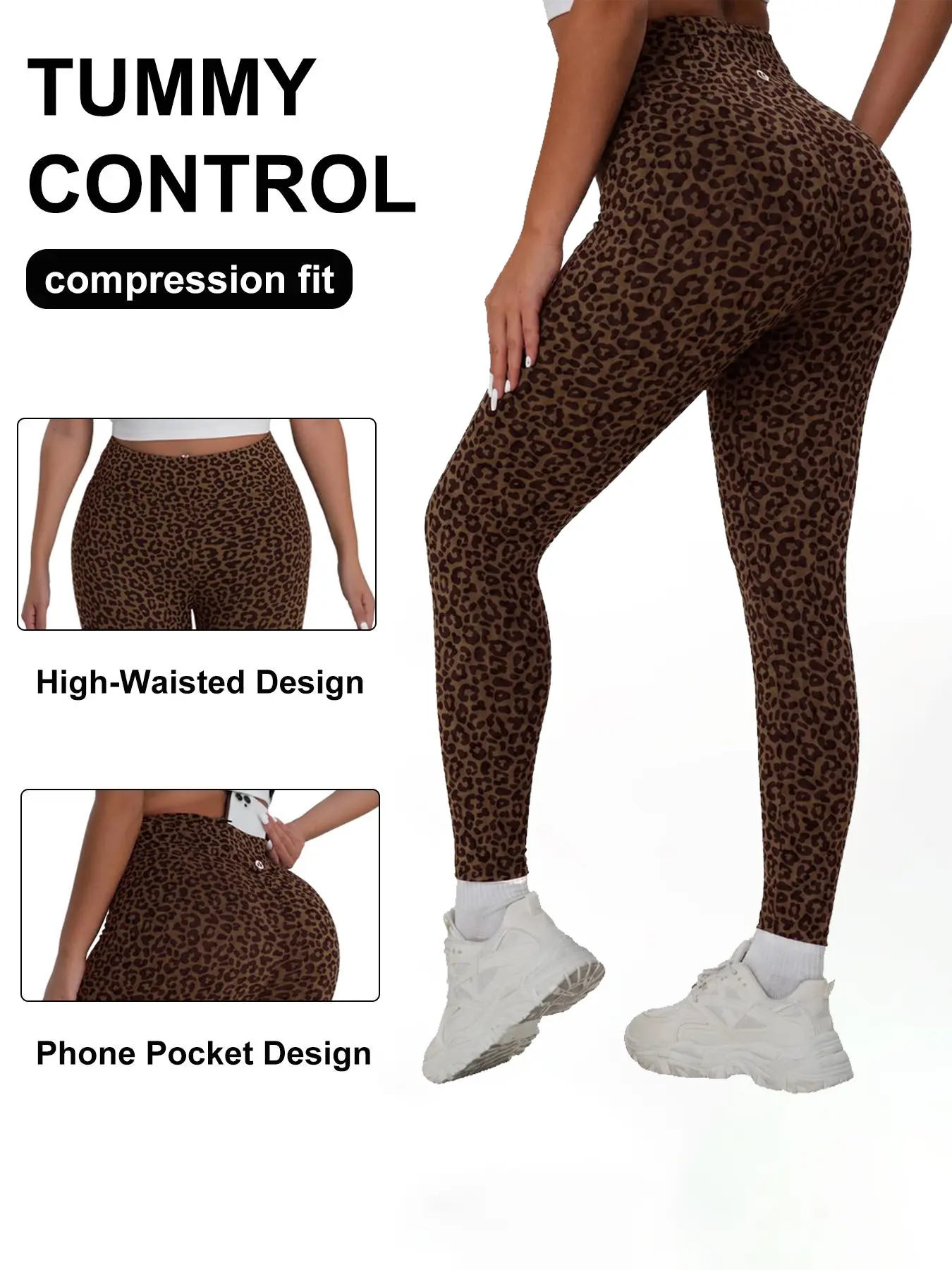 Women's Leopard Print Slim-Fit High-Rise Tummy-Control Stretch Soft Leggings with Waist Pocket for Cell Phone, Sporty Chic Clothes for Gym, Running Everyday Active Sports Bottoms