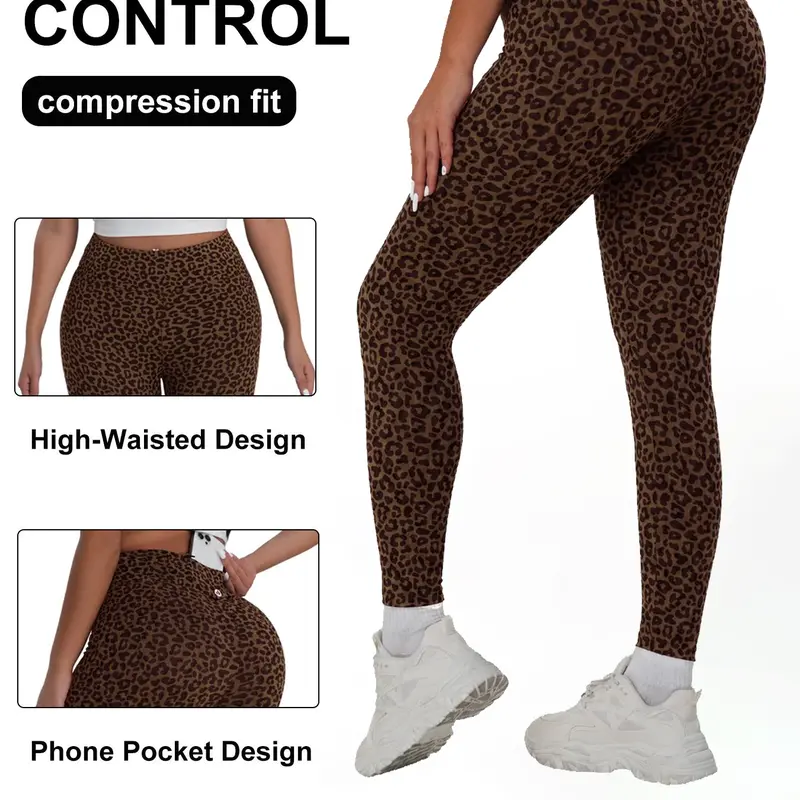 POBODO Women's Leopard Print High-Rise Tummy-Control Slim-Fit High-Stretch Leggings with Waist Cell Phone Pocket, Shaping Training Leggings, Super-Flexible Sports Bottoms for Yoga, Gym, Leggings For Women