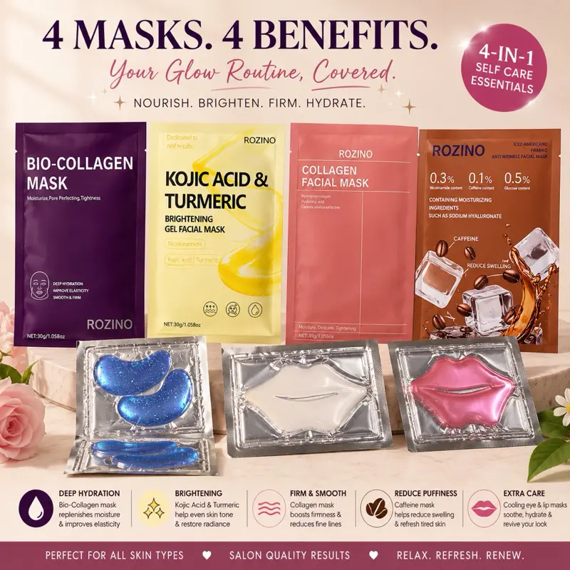 Rozino 4-in-1 Self Care Essentials Bio-Collagen, Kojic Acid & Turmeric, Collagen Facial Mask for Deep Hydration, Brightening, Firming, and Hydrating