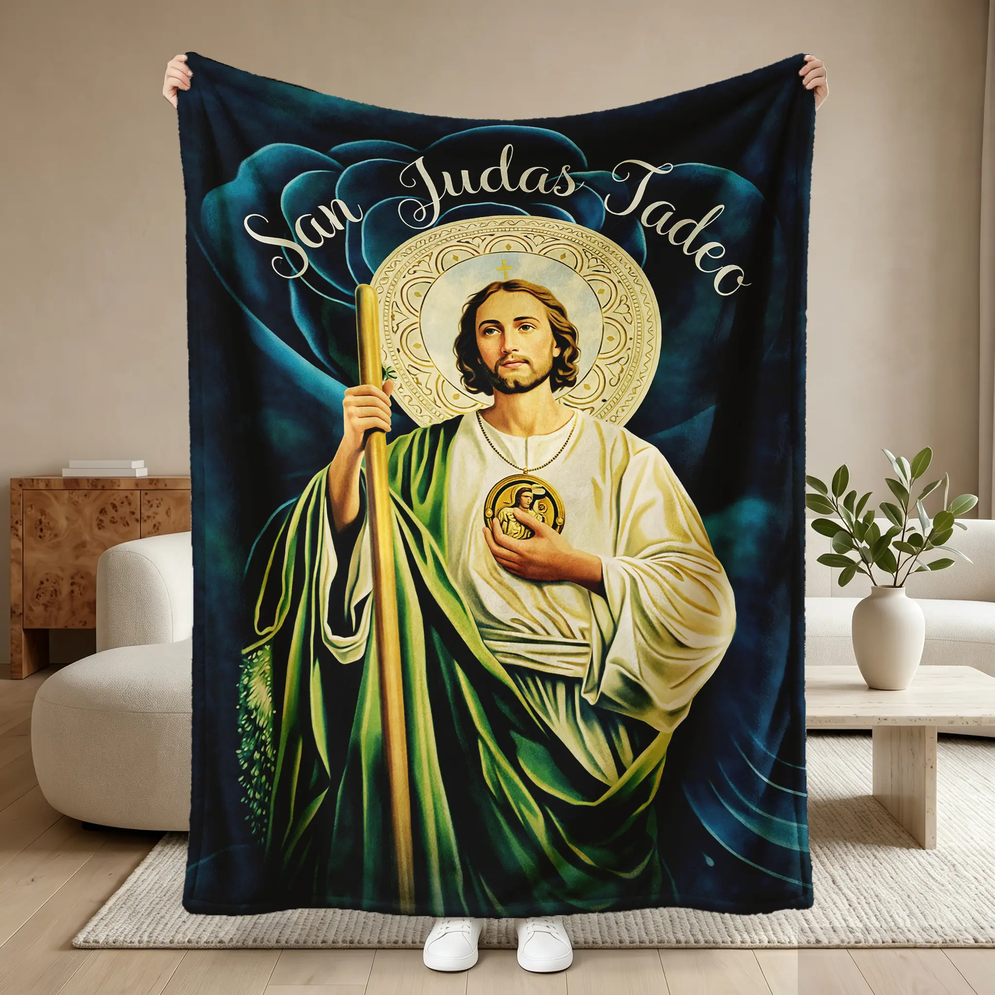 Blessed San Judas Tadeo Character Art Blanket - Custom Graphic, Decorative Design Soft Fleece Bedding Throw, Warm Faith-Filled Essential for Bed, Sofa Use, Custom Graphic Blankets, Character Art Blankets