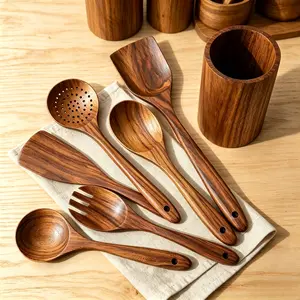 New Kitchen 7 Piece Non Toxic Wooden Spoons for Cooking - Smooth Finish Teak Kitchen Utensils Set - Non-Stick Wooden Spatula Perfect for Pasta, Mixing and Kitchen Essential and Gift
