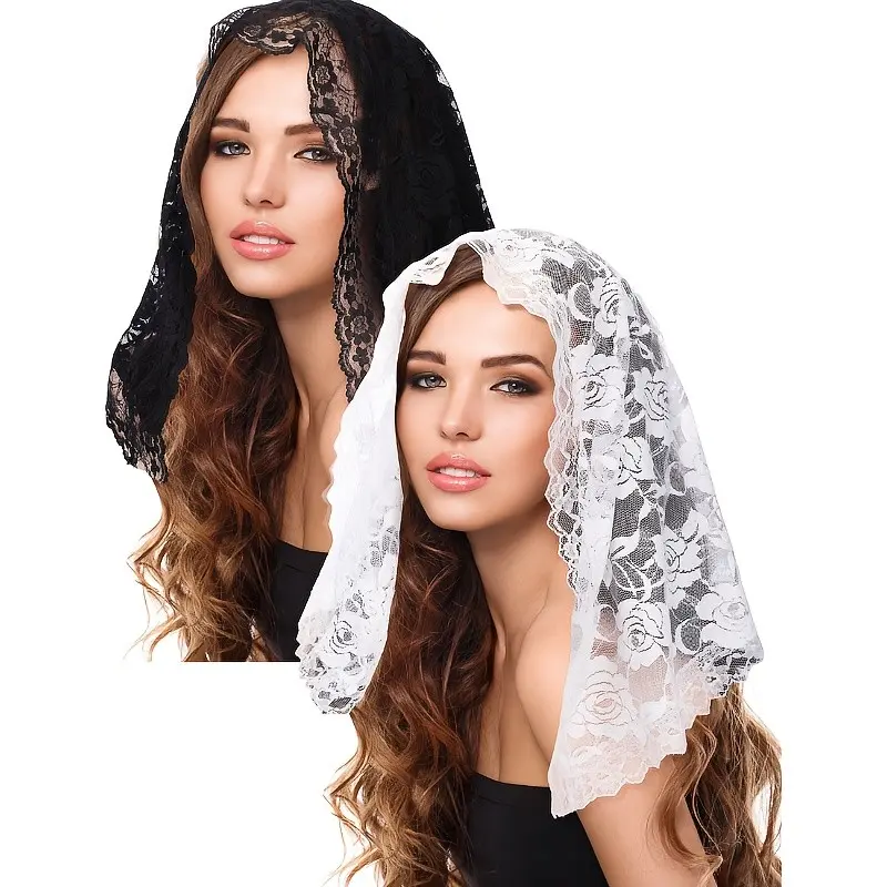 2pcs Floral Lace Veils Head Covering Latin Mass Mantilla Veils Short Scarf Halloween Costumes for Bridal Women (Simple StyleMedium)