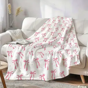 1pc Pink Bow Flannel Throw Blanket - 280GSM Bow Decorative, Fluffy Fabric, Oversized, Patterned Pink Blanket, Winter Warm for Couch/Bed, Christmas/Housewarming Gift, Cozy Home Decor, Throw Blankets, Bow Decorative Blankets