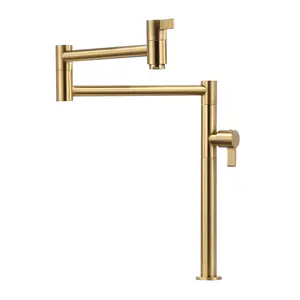 WOWOW Solid Brass Deck-Mounted Pot Filler Faucet, Brushed Gold Kitchen Folding Tap with Stretchable Double-Joint Swing Arm, Drip-Free Cold Water Stove Tap