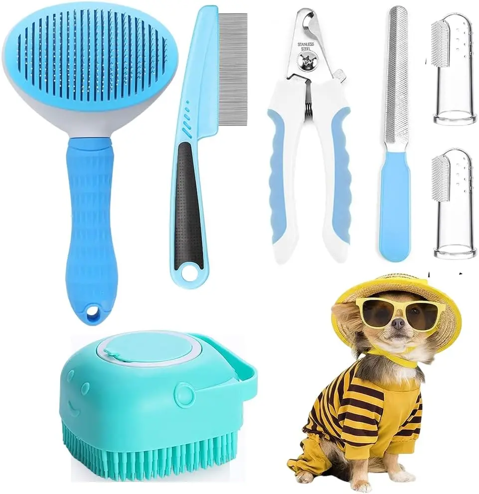 7PCS Pet Grooming Kit, Self-Cleaning Slicker Brush, Nail Clipper, Flea Comb, Bath Brush & Finger Toothbrush Set for Dogs & Cats