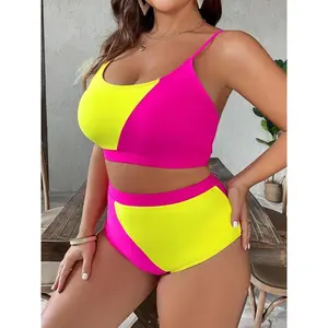 ��Plus Size��Two-Piece Set?Colorblock Backless Bikinis Set, Adjustable Strap Swimsuit Bra & Swimwear Panty, Women's Swimwear for Summer Beach Holiday VacationGift