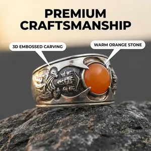 Viking Warrior Orange Stone Ring, Vintage Carved Wide Ring, Gothic Tribal Motorcycle Jewelry