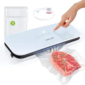 AMZ JET Food Vacuum Sealer with Tempered Glass Panel LED Touch Control Digital Display Pulse Moist Dry Seal External Suction Modes Includes 30 Vacuum Bags & Built-in Cutter White