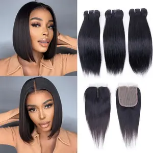 Brazilian Straight Human Hair  with Closure(10 10 10+10) Straight 3  with Closure 50g 10A Unprocessed Straight Virgin Short Bob Hair Bundle  Black Color