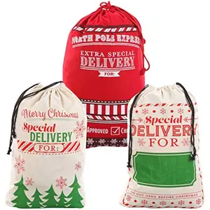 JOYIN 3 PCS Christmas Drawstring Santa Burlap Sack 26" x 19", Large Canvas Gift Bag Reusable Personalized Cloth Pouch for Xmas Presents Package, Party Supplies, Hoilday Decoration