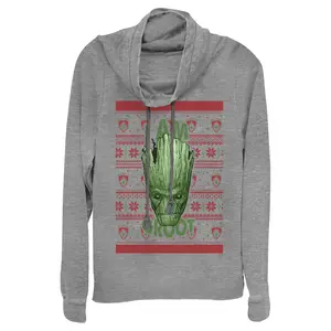Juniors Womens Marvel Ugly Christmas Guardians of the Galaxy Groot Portrait Cowl Neck Sweatshirt