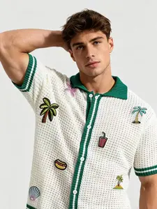 Men's Knitted Polo Neck Sweater, Casual Tropical Short Sleeve Loose-Fit, Spring & Fall Embroidered Pullover, Versatile and Stylish Outerwear