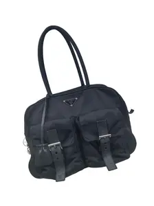 Pre-owned PRADA Black Nylon & Leather Buckle Pocket Bowling Shoulder Bag/WJ03116405