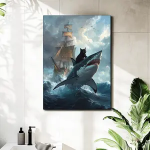 Framed Funny Black Cat Canvas Wall Art Quirky Cat Riding Shark Ocean Adventure Wall Decor Pictures Funny Animal Poster Prints for Living Room Bedroom Bathroom Home Decoration Gift Light