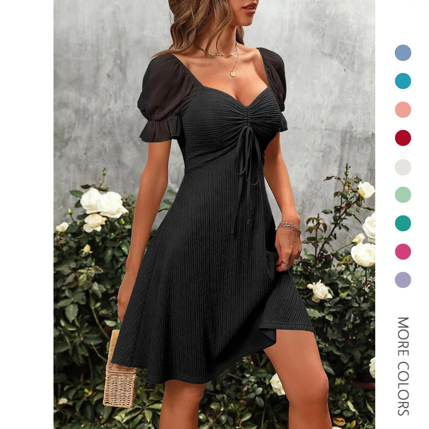 Women's Casual Short Puff Sleeve Mini Dress, Solid A-Line with Drawstring Sweetheart Neck, Lightweight Summer Going Out Dress, Brunch Outfit Ideas, Sundress For Women, Short Sleeves, Elastane, Polyester Blend, Drawstring Tie, Do Not Dry Clean, Knee Length
