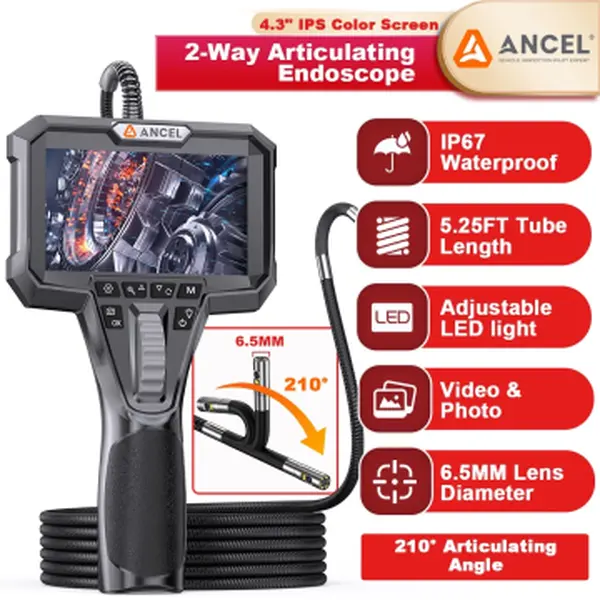 ANCEL AN302 6.5MM Dual Lens HD Camera 2-Way Articulating Borescope, 5.25FT Stainless Steel Auto Repair Tool with 7-Language Support, IP67 Rated, Batteries Included for Automotive & Motorcycle Diagnostics, Spanish, Russian