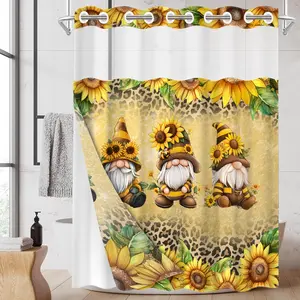 1pc 2D Flat Printing hookless shower curtain hanger liner Sunflower Gnomes Fabric waterproof lining shower curtain with transparent window, double-layer shower curtain, 71 x 74 inches, modern home curtain decoration