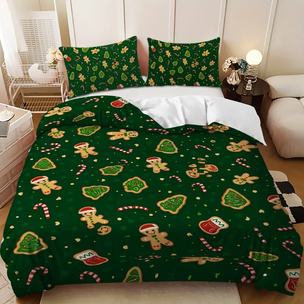 Bedding 3-piece set - 3PCS,Merry Christmas red and green gingerbread man Christmas tree design down comforter set (1 duvet cover + 2 pillowcases, filling not included).soft and comfortable, suitable for family bedrooms.