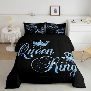 Crown and Couple Designer Comforter Set,His and Hers Luxury King Size Bedding Set,Black Navy Blue Bedding,Valentine's Day Decorations Quilt Set