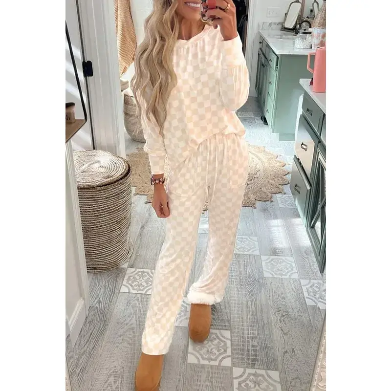 Women's Chic Checkered Print 2-Piece Long Sleeve Top & Pants Pajama Set - Soft Fabric, Comfortable Fit Loungewear, Homewear, Longsleeves, Checkerboard, Soft Polyester
