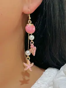 Boho Beach Earrings, Shell Sea Star Dangle Earrings, Imitation Pearl Flowing Design, Ocean Style Vacation Jewelry, Round Shell Pearl