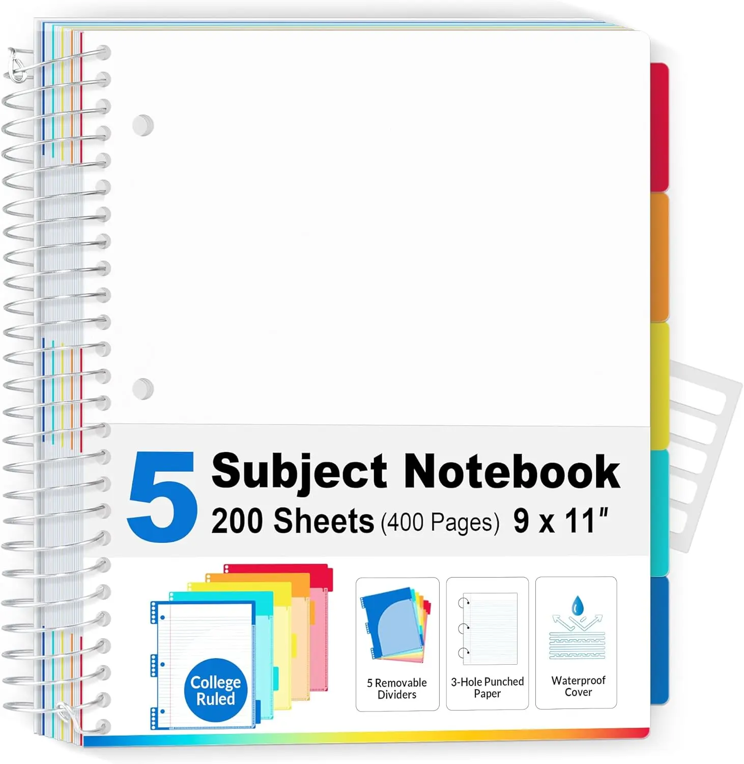 5 Subject Notebook College Ruled - 400 Pages, 9"x11", 5 Pocket Colored Dividers, 3-Hole Punched Paper, White