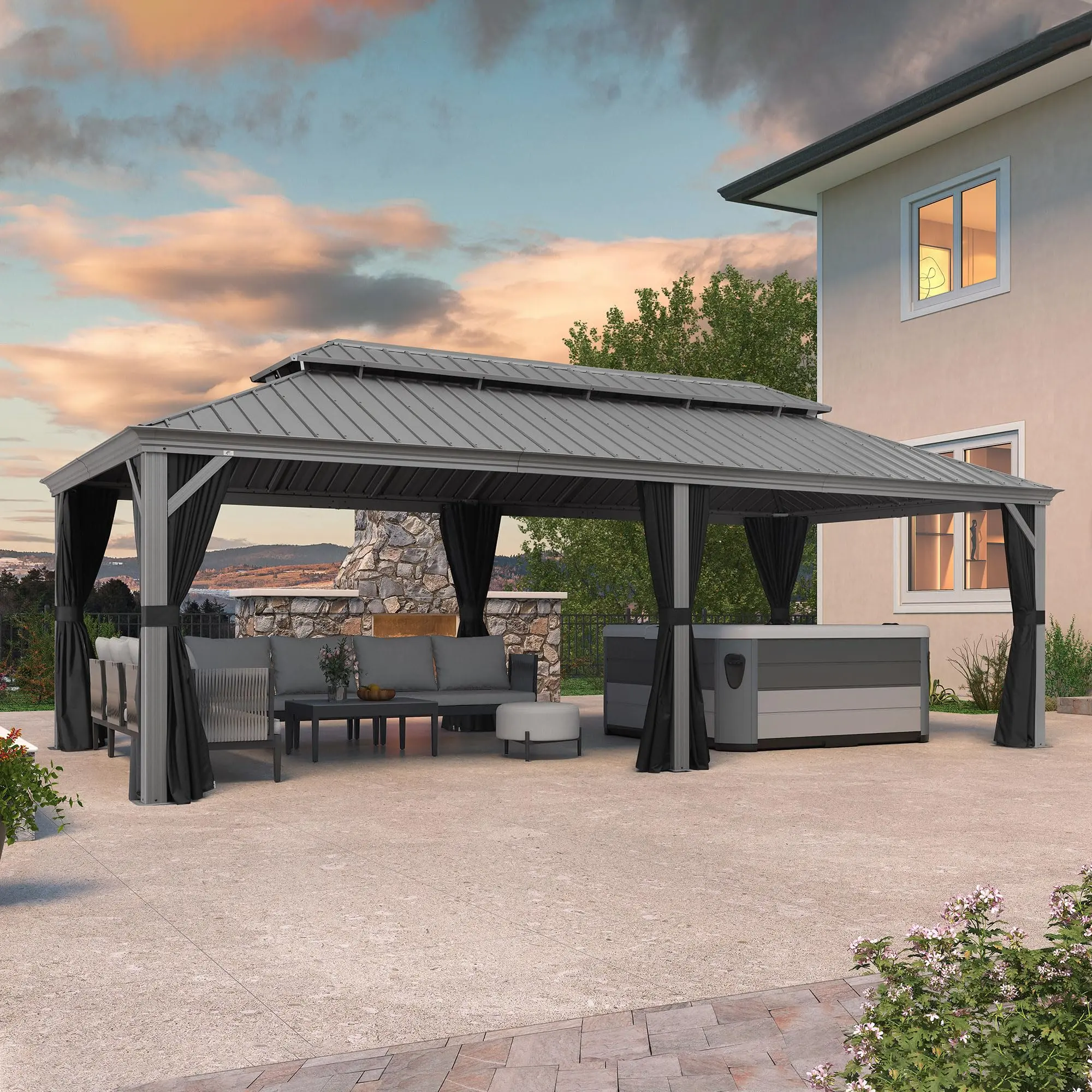 PURPLE LEAF 12' x 24' Hardtop Patio Gazebo - Outdoor Shade Canopy, Heavy Duty Aluminum Frame Canopy for Backyard, Light Grey Galvanized Steel Frame with Upgraded Curtain, Heavy Duty Canopy
