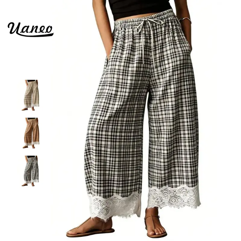 UANEO Lace Hem plaid Pants Women 2026 Summer Cropped Lace Trim Wide Leg Pants Casual Outfits with Pockets