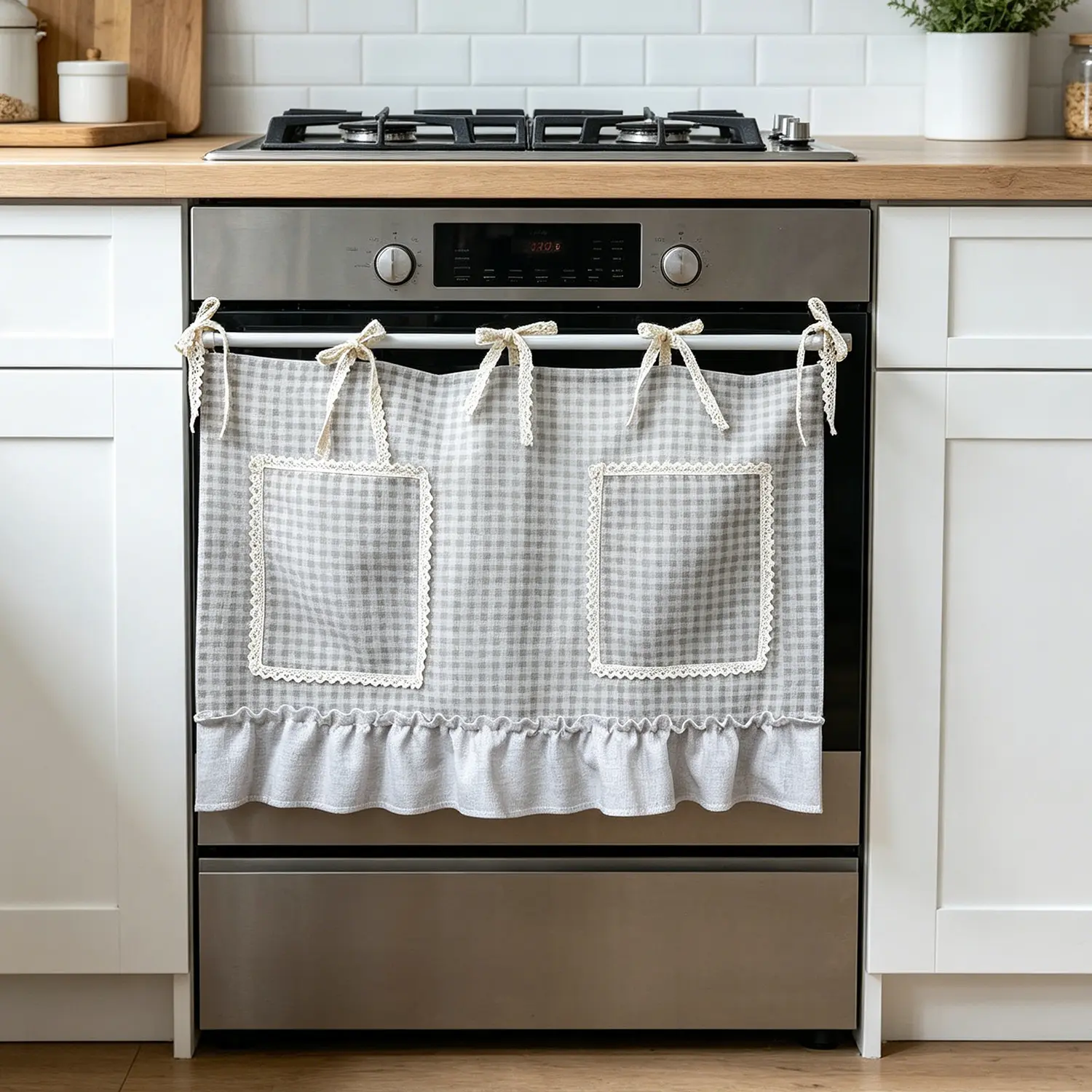Boho Plaid Oven Skirt Curtain - Farmhouse Look Short Valance with Storage Pockets, Vintage Rustic Gingham Checkered Half Drapes, Tie Top 1 Panel for Kitchen Oven Dishwasher Cabinet