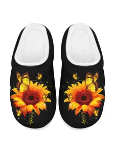 Men's Warm Home Slippers, Sunflower And Butterfly Print Thick-Soled Plush Slippers for Comfort and Everyday Wear, Winter Soft Indoor Couple Shoes