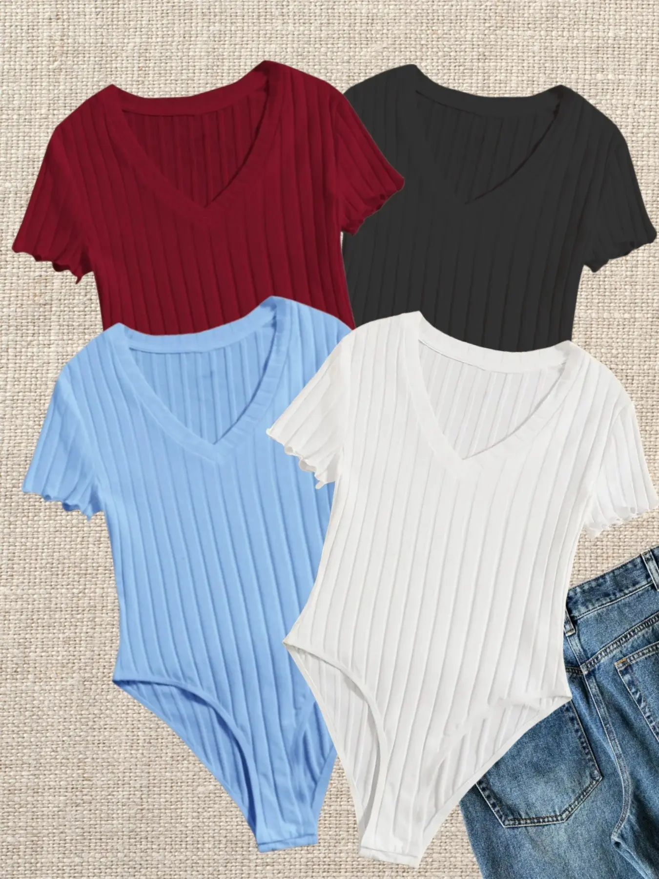 Basic Essential V-Neck Simple Slimming Bodycon Bodysuits Set of 4 Pieces, Elegant Plain Minimalist Design, Slim-Fitting Comfortable Casual Wear, Perfect for Daily Use