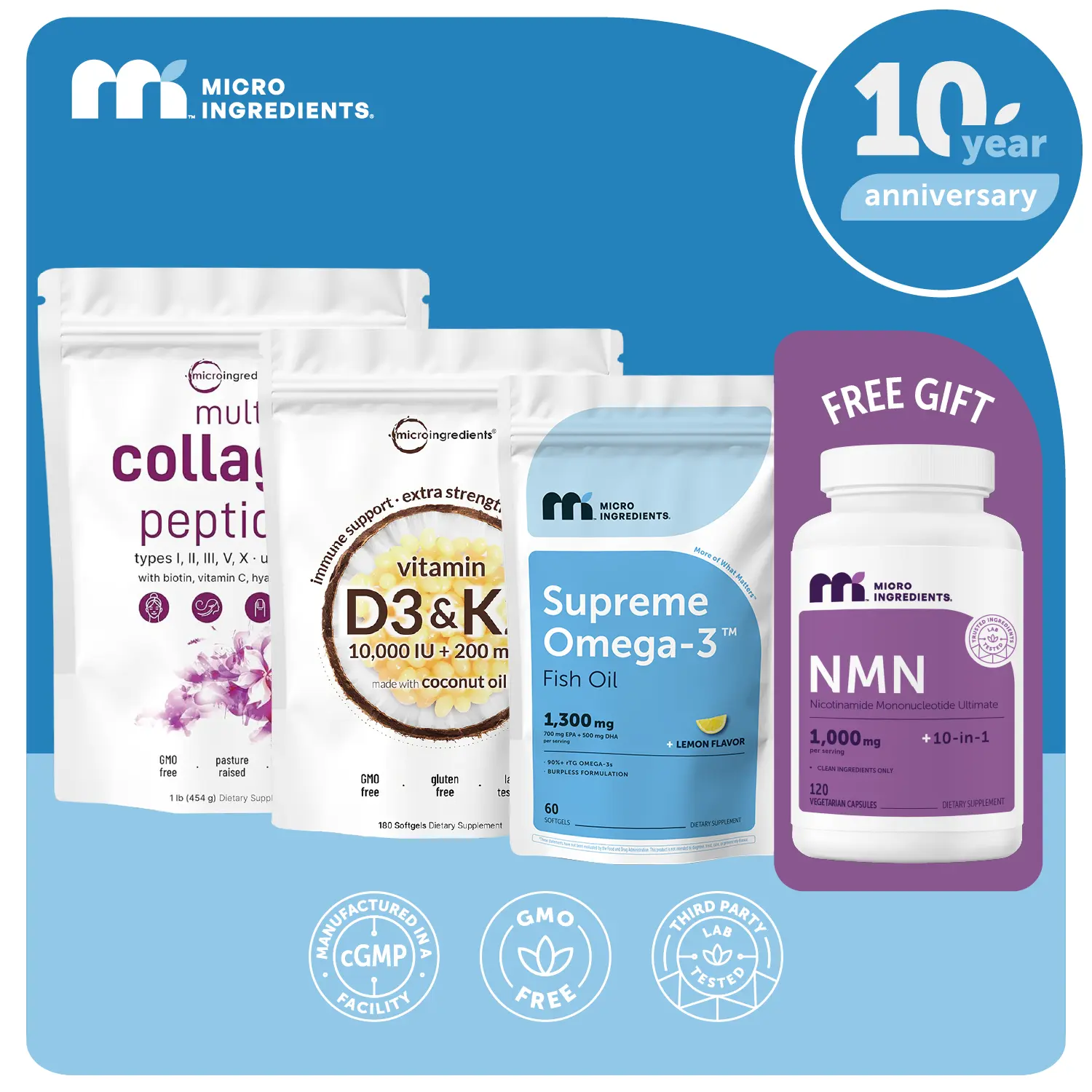 Micro Ingredients Super Hero Bundle: D3K2 10000IU Softgels, Collagen Powder, Supreme Omega-3 Fish Oil & NMN Complex Micro Ingredients Super Hero Bundle: D3K2 10000IU Softgels, Collagen Powder, Supreme Omega-3 Fish Oil & NMN Complex