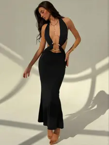 Deep V Neck Backless Metallic Bodycon Dress, Metal Decor & Side Cutouts Design, Slim Fit Long Evening Gown for Women, Sexy Party Wear Formal