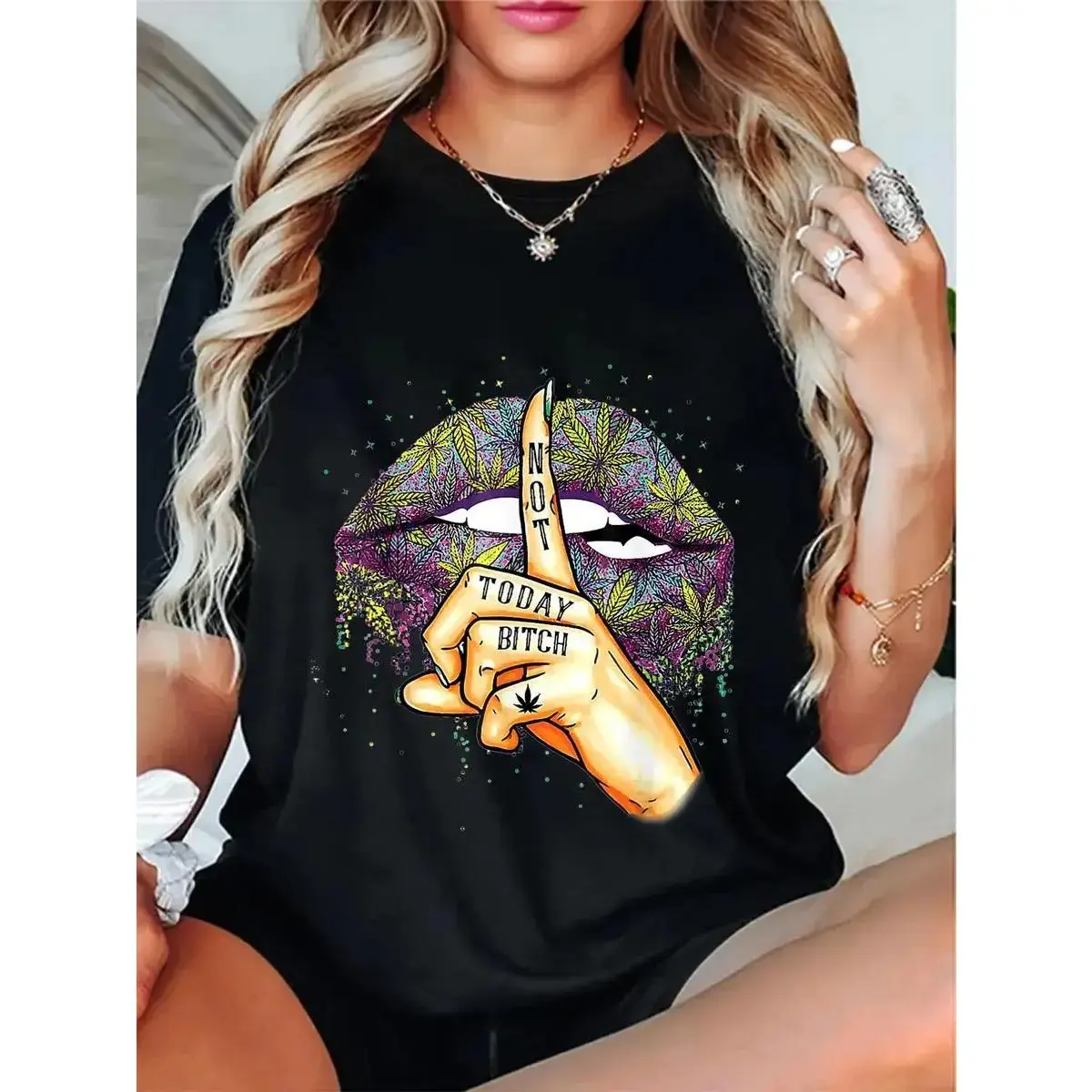 Women's Short-Sleeve Round Neck Casual Streetwear T-Shirt - Gold Lip Graphic, Cannabis Weed "Not Today Bitch Shhh" Print Unisex Top, Gold Lip Graphic Women's T-Shirts, Check, Shortsleeve, Tshirt, Unisex Cut